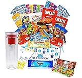 Care Package Snacks Box - Great for Camp, Summer , College Students , Finals, Military, Hospitals , Women and Men - Final Exam Office Spring - Kids Snack Boxes Gift Variety with Salus Water Bottle