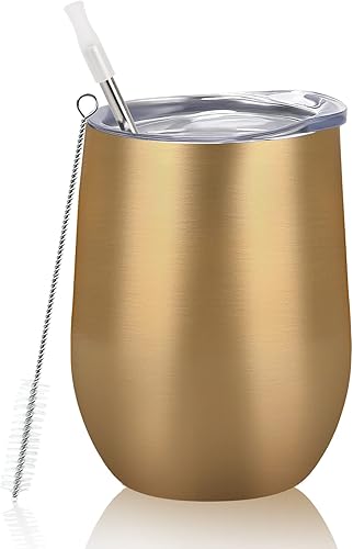 Miniatura 8 de Vaso de vino de acero inoxidable de 12 oz, doble pared con aislamiento al vacío con tapa y pajita, vaso de vino sin tallo de acero inoxidable para