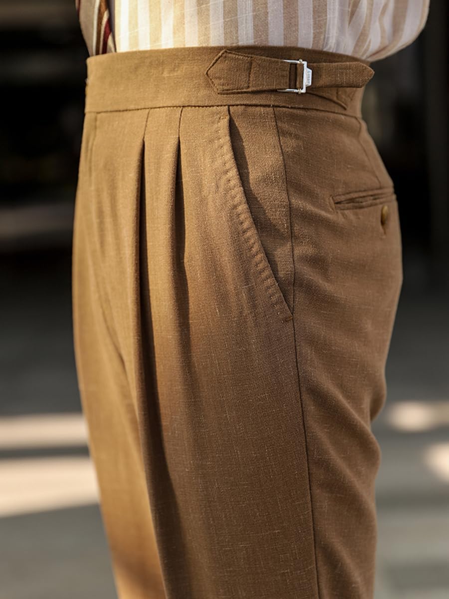 Vintage Men's Linen Casual Pants Relaxed Fit Spring Cotton Trousers with Adjustable Waistband