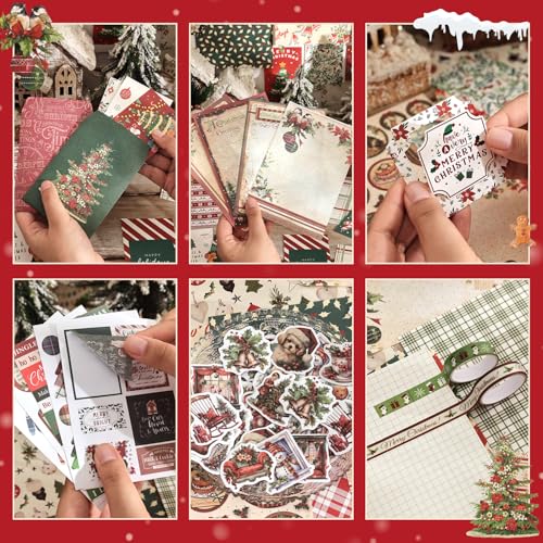 Image of Christmas Scrapbooking Supplies Kit, Aesthetic New Year Festival Scrapbook Kits for Bullet Junk Journal, Stationery, Notebook, DIY Cute Journaling Supplies, Craft Christma Gift for Teen Girl Women
