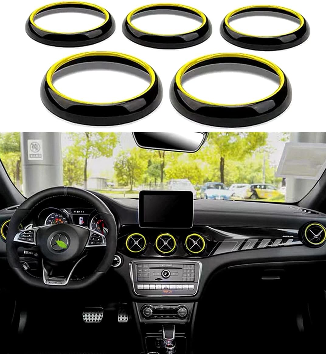Car Air Vent Decorative Ring Fit for Mercedes Benz Aluminum Alloy Decorative Accessories Upholstery Decals Compatible with A/B Class CLA GLA 2013-2018 (Black Yellow)