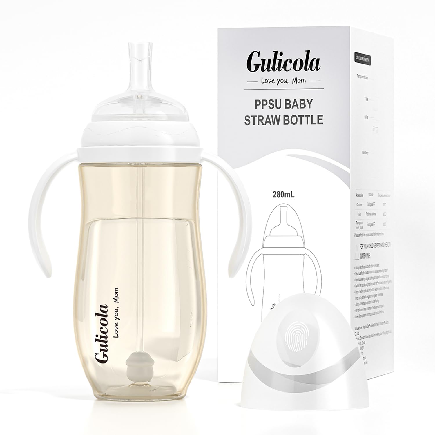 Gulicola Baby Bottle with Straw, Weighted Straw Sippy Cup with Handle, BPA Free PPSU, 6 Months Plus, 9 oz - Clear