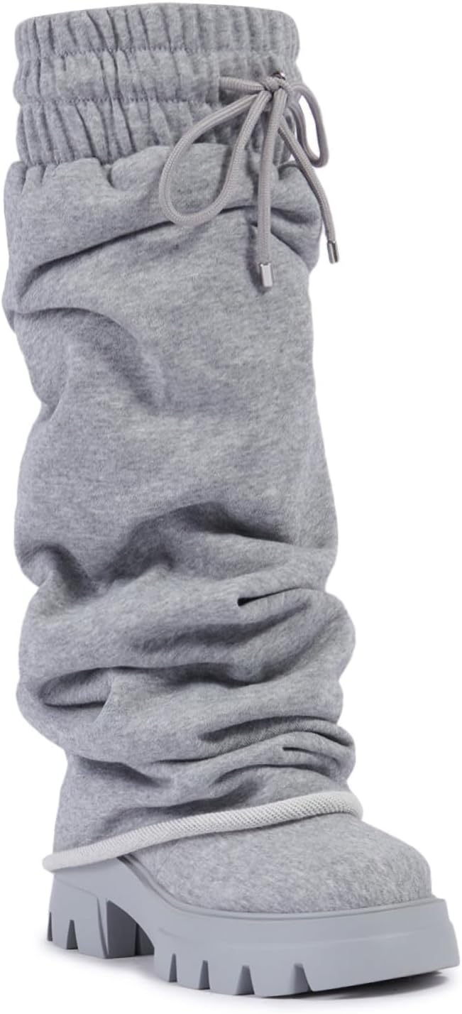 RKQ Women's Platform fold over wide calf Boots Fashion Round Toe Chunky Heel Pull On Slouchy Party Mid Calf Shark Boots For Gril