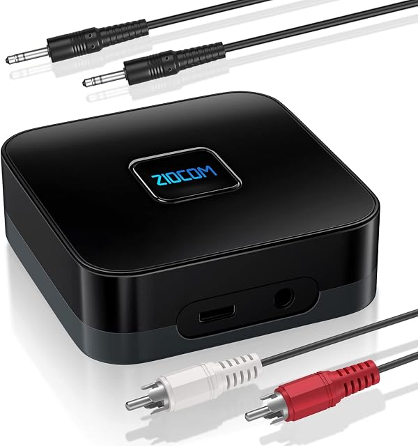 ZIOCOM Bluetooth Receiver, High-Fidelity Wireless Audio Adapter with 3.5mm AUX RCA Cable, Bluetooth 5.0 Receiver for Home Stereo System, Car Speaker, Wired Speaker
