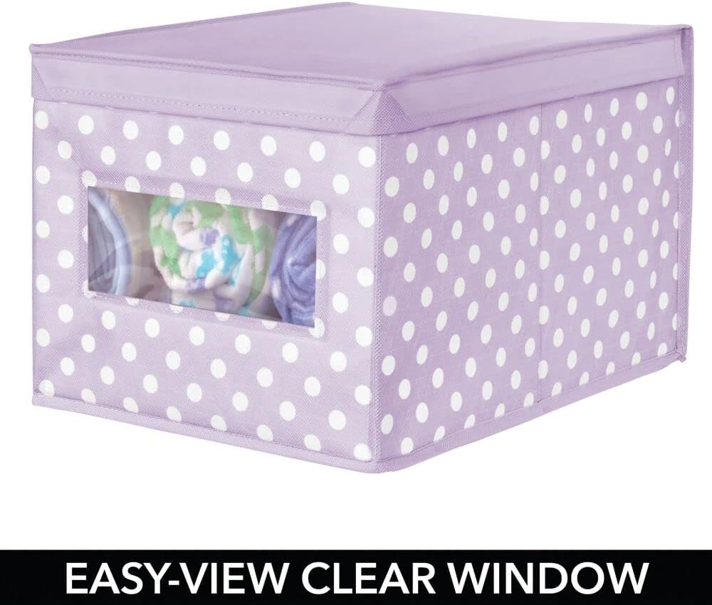 mDesign Large Soft Stackable Fabric Baby Nursery Storage Organizer Holder Bin Box with Front Window and Lid for Child/Kids Bedroom, Playroom, Classroom - 6 Pack, Light Wisteria Purple/White Polka Dot