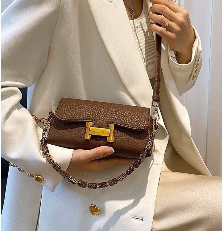 Women's Fashion Luxury PU Leather Crossbody Bag, Small Flap Shoulder Purse with Gold Chain Strap, 7.8x3.9x2.7 Inches