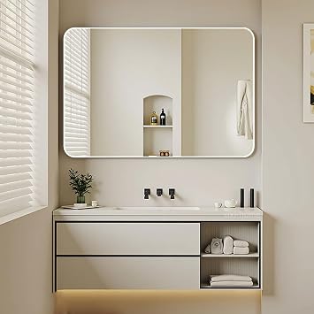 Square Bathroom Mirror 23.6 * 31.5in Rounded Corners Rectangle Vanity Mirror,Metal Framed Wall Mirror for Bedroom,Modern Decorative Mirror Square Wall Mounted Mirrors-White