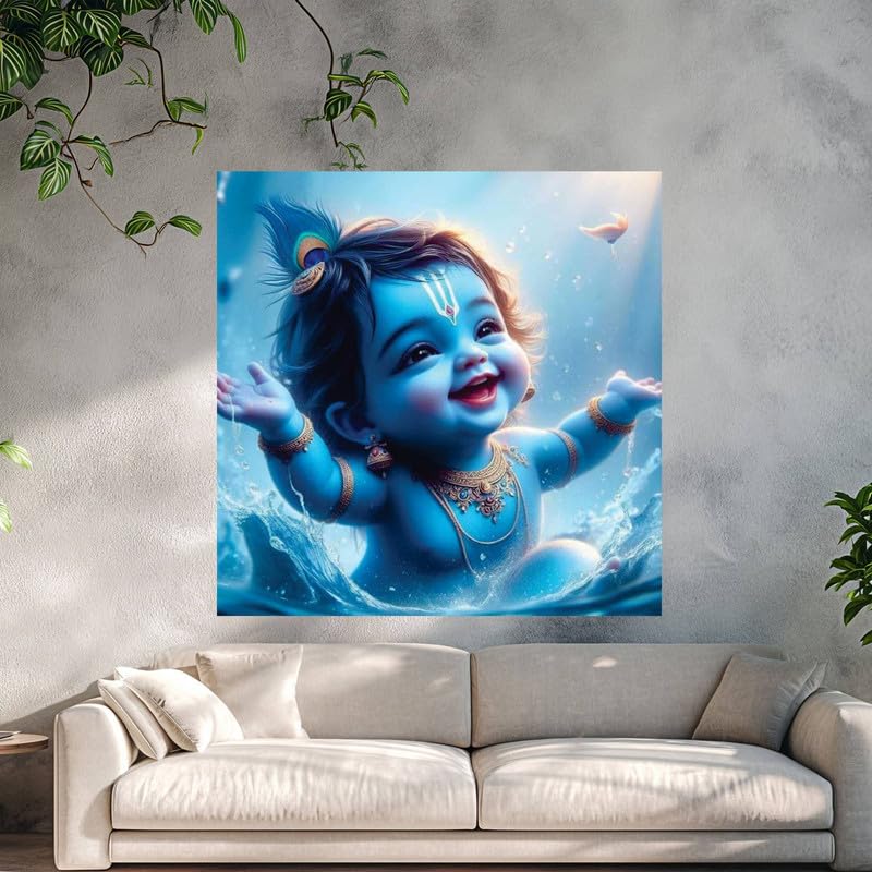 Image of British Terminal Cute little Bal Gopal Baby God Krishna| Kanha Ji | Laddu Lord Makhan Chor Painting Religious Poster for Pregnant Women for wall (matt thin vinyl,sticker,multicolor,unframed)| bj75