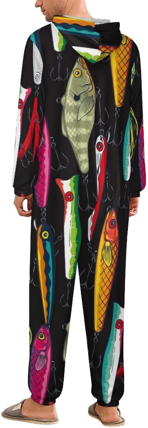 Colorful Fishing Bass Lures Pattern Adult Pajamas Onesie with Hood Pocket Jumpsuits One Piece Sleepwear