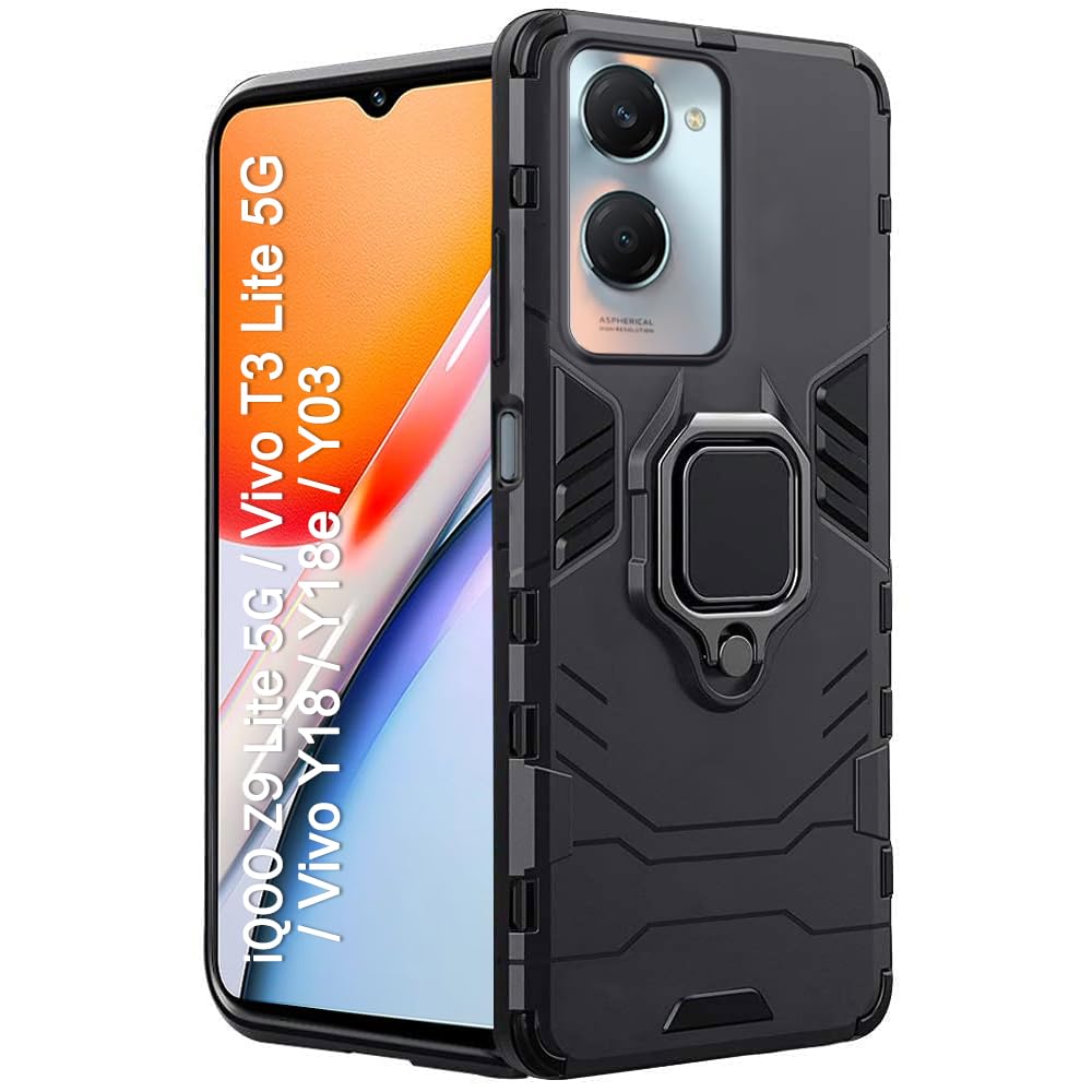 TheGiftKart Tough Armor Bumper Back Case Cover for iQOO Z9 Lite/Vivo T3 Lite 5G / Vivo Y18 / Y18e / Y03 / Y28s / Y37 | Ring Holder & Kickstand in-Built | 360 Degree Protection Back (PC & TPU, Black) (B0D96FT25R) Amazon Price History, Amazon Price Tracker