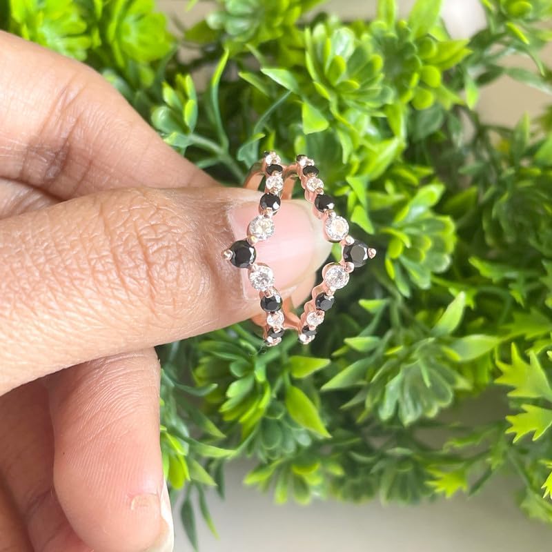 Round Cut Black & White Diamond Chevron V Shape Enhancer Guard For Women, 14K Gold Plated 925 Silver Black & White Diamond Chevron V Shape Enhancer Wrap Guard Matching Band