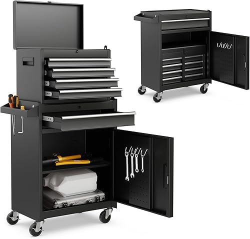 IRONMAX Caja de herramientas con ruedas, armario de herramientas con cerradura de 5 cajones con estante ajustable y 4 ruedas universales, caja de