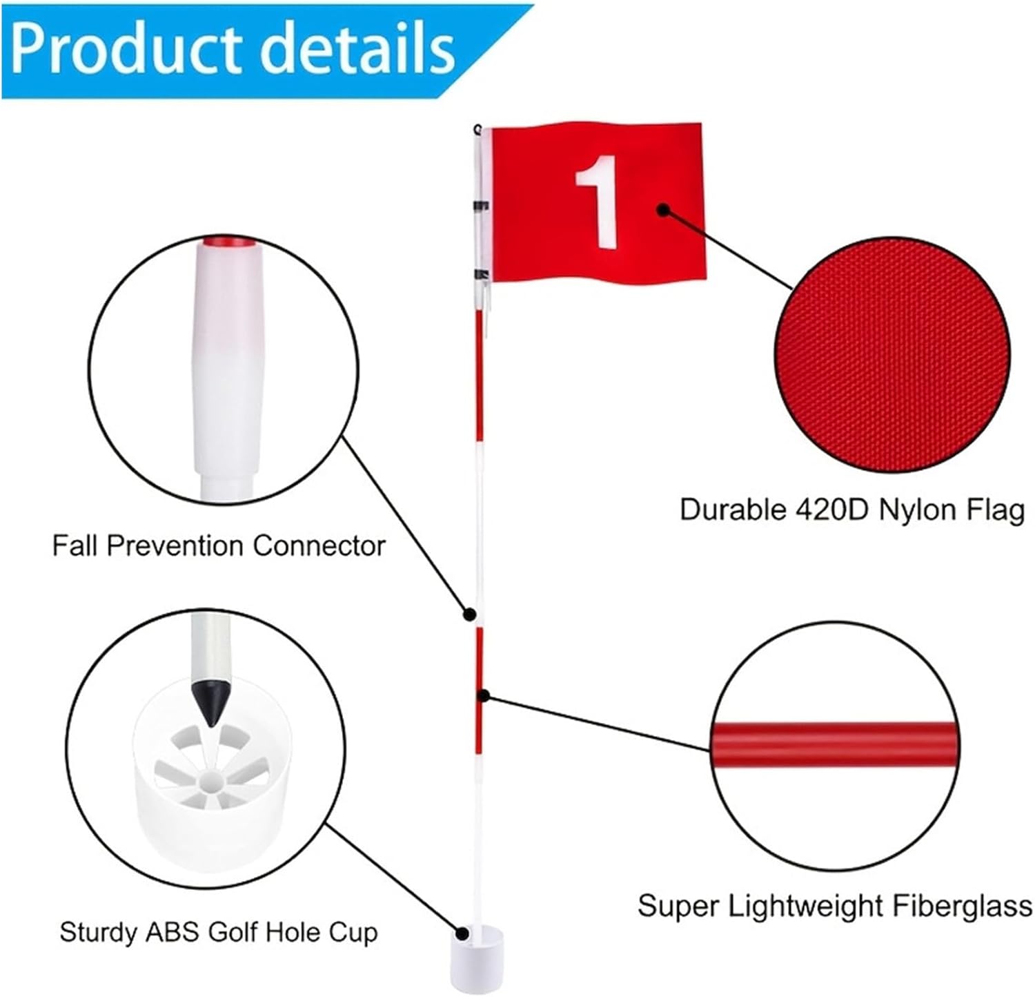 Golf Flagstick and Flag - Portable 5-Section Putting Green Flagstick with Hole Cup | Practice Equipment for Driving Range, Country Club, Beginners, Professionals, Enthusiasts for Indoor, Backyard,