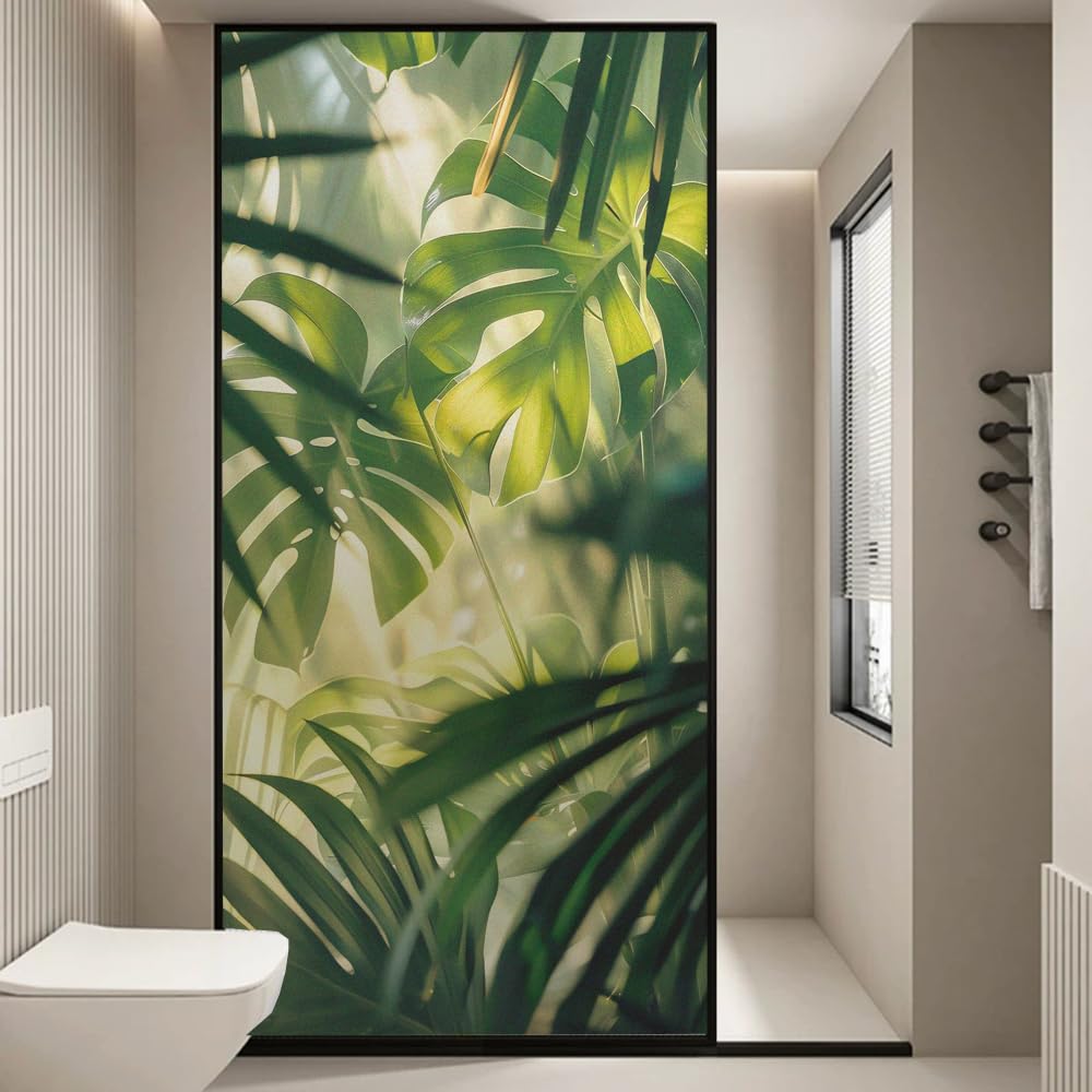 Static Cling Privacy Window Film UV Blocking Heat Control Window Coverings Decorative Green Leaves Pattern Glass Window Sticker(40x120cm)