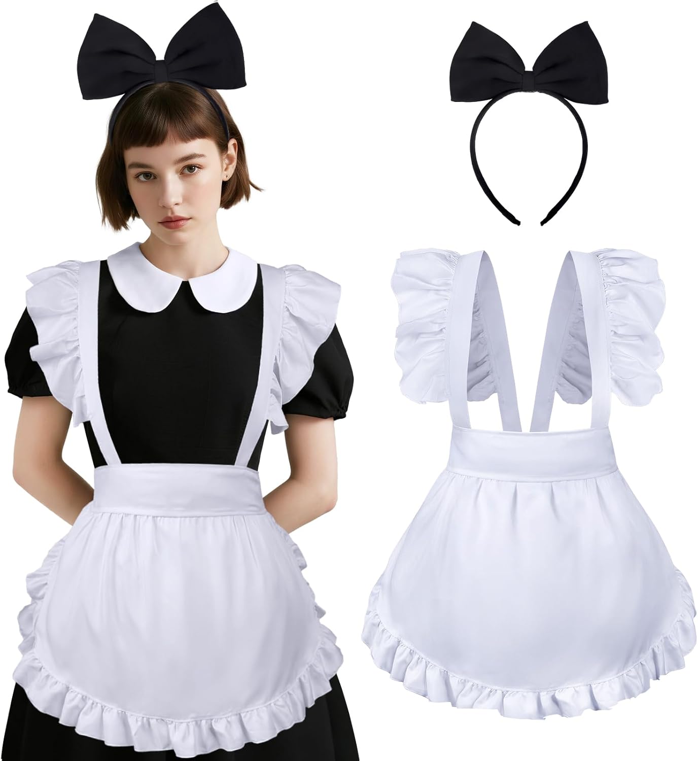 White Apron for Women Maid Apron with Bow Headband Set for Halloween Theme Party
