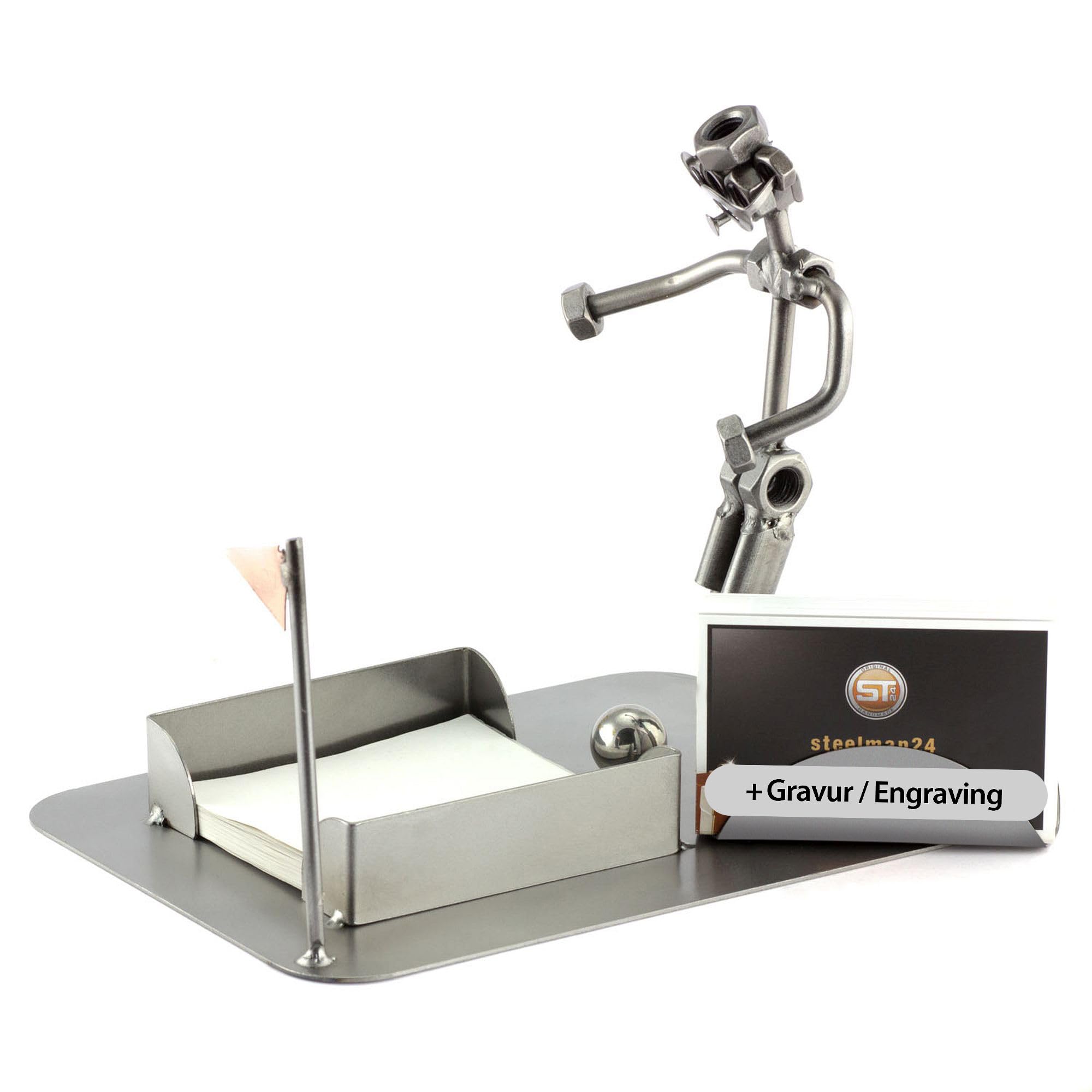 Steelman24 I Schraubenmännchen Fußballer Zettelbox Mit Visitenkartenhalter Mit Persönlicher Gravur I Made in Germany I Handarbeit I Geschenkidee I Stahlfigur I Metallfigur
