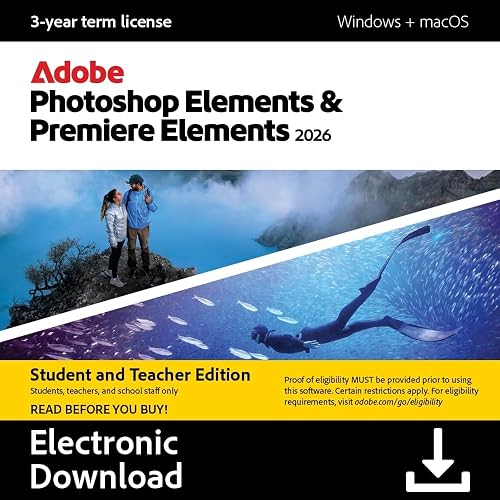 Adobe Photoshop Elements & Premiere Elements 2026 Student & Teacher Edition | Software Download | Photo & Video Editing | 3-year term license | Activation Required [PC/Mac Online Code]