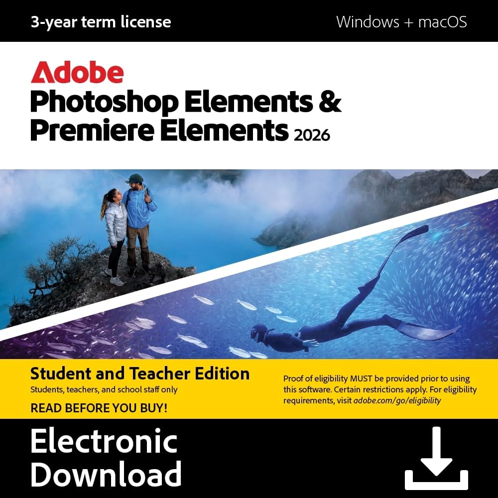 Adobe Photoshop Elements & Premiere Elements 2026 | Software Download | Photo & Video Editing | 3-year term license | Activation Required [PC/Mac Online Code]