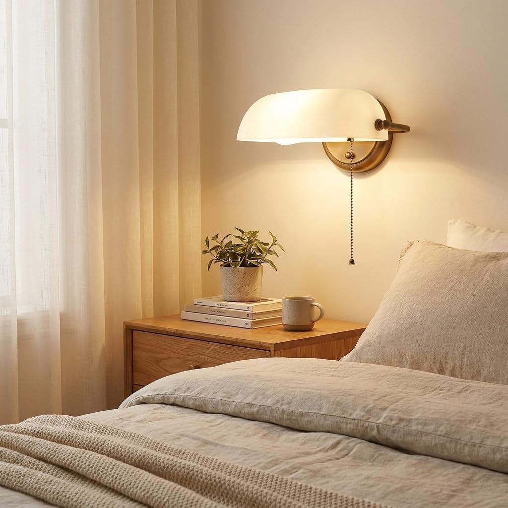 Applique da Parete Vintage “BANQUERO” con Paralume in Vetro Bianco, Base in Ottone Anticato, Paralume Orientabile, Interruttore a Catenella – Compatibile con Lampadina LED E27