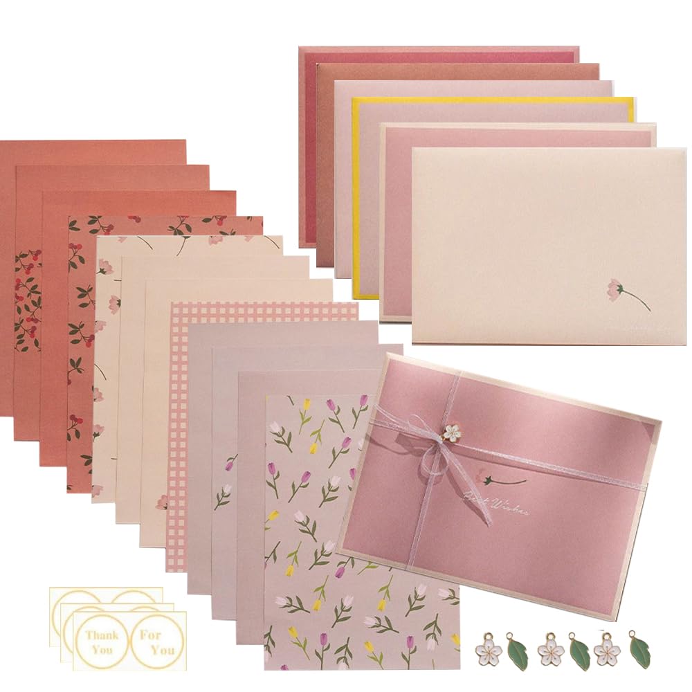 Stationary Writing Paper with Envelopes, Floral Writing Paper,Vintage Floral Letter Writing Stationery Paper with Stickers & Chiffon Ribbons,12 Sheets