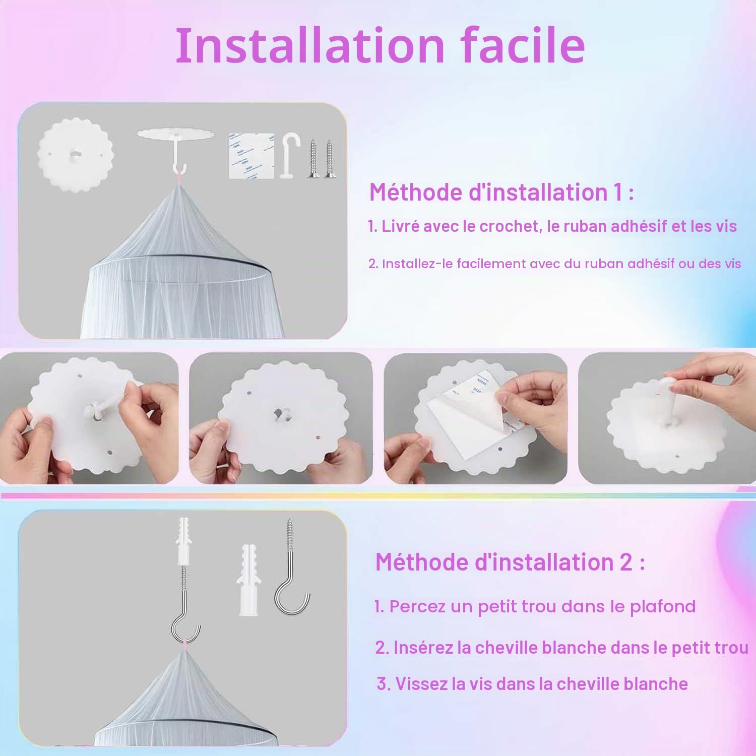 Moustiquaire pour lit,Ciel de lit pour Lits Simples et Doubles, Chambre de Fille, Installation Facile pour Les Voyages et la Maison (White)