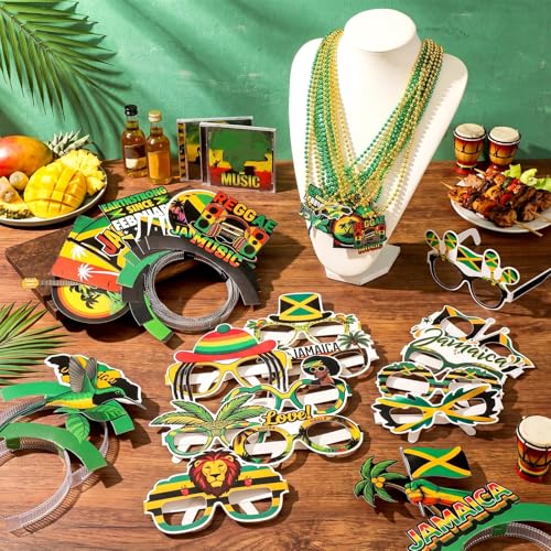Image of Kenning 36 Pcs Jamaica Party Decorations 12 Beaded Necklaces 12 Headbands 12 Reggae Theme Paper Eyeglasses Prop Accessories Tiaras for Jamaican Festival Reggae Birthday Decor Flag Party Supplies