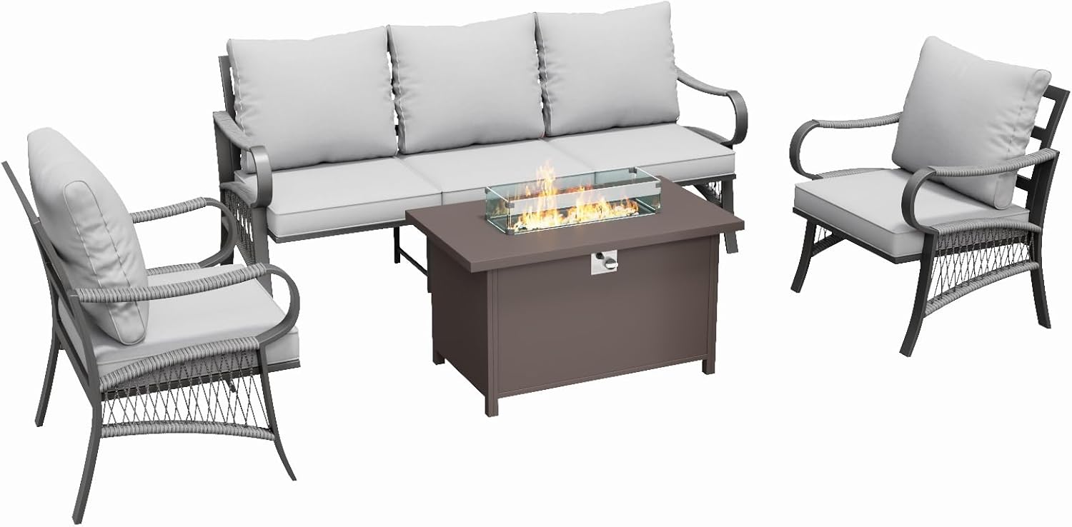 4 Piece Patio Furniture Set with 50000 BTU Propane Fire Pit Table, All Weather Metal Outdoor Conversation Sofa Set with Thick Cushions for Garden, Porch, Lawn, Grey