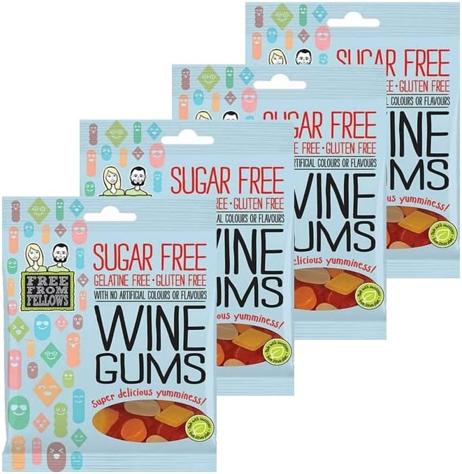 Sugar Free Sweets & Gluten Free, Gelatine Free, Vegan Free from Fellows Wine Gums Value Pack Sugarless Super Snack Delicious yumminess 70g x 4