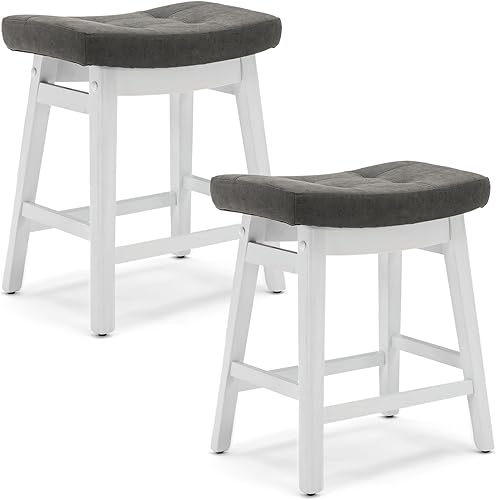 Miniatura 1 de AQO Juego de 2 taburetes de bar de 24 pulgadas con patas de madera maciza, asiento acolchado suave de piel sintética para taburetes tapizados de 34