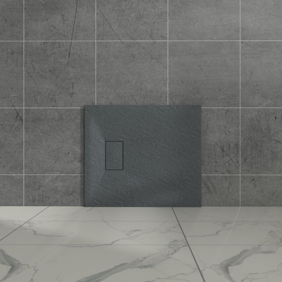 Aquariss Anthracite Rectangular Shower Tray Slate Effect SMC Slip-Resistant Shower Base for Bathroom Enclosures 900x700mm with Waste