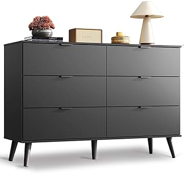WLIVE Black Dresser for Bedroom, 47.24'' Wide 6 Drawer Wood Dresser Storage Organizer with Sturdy Metal Handle, TV Stand for 55 inch TV, Chest of Drawers for Living Room, Hallway, Closet