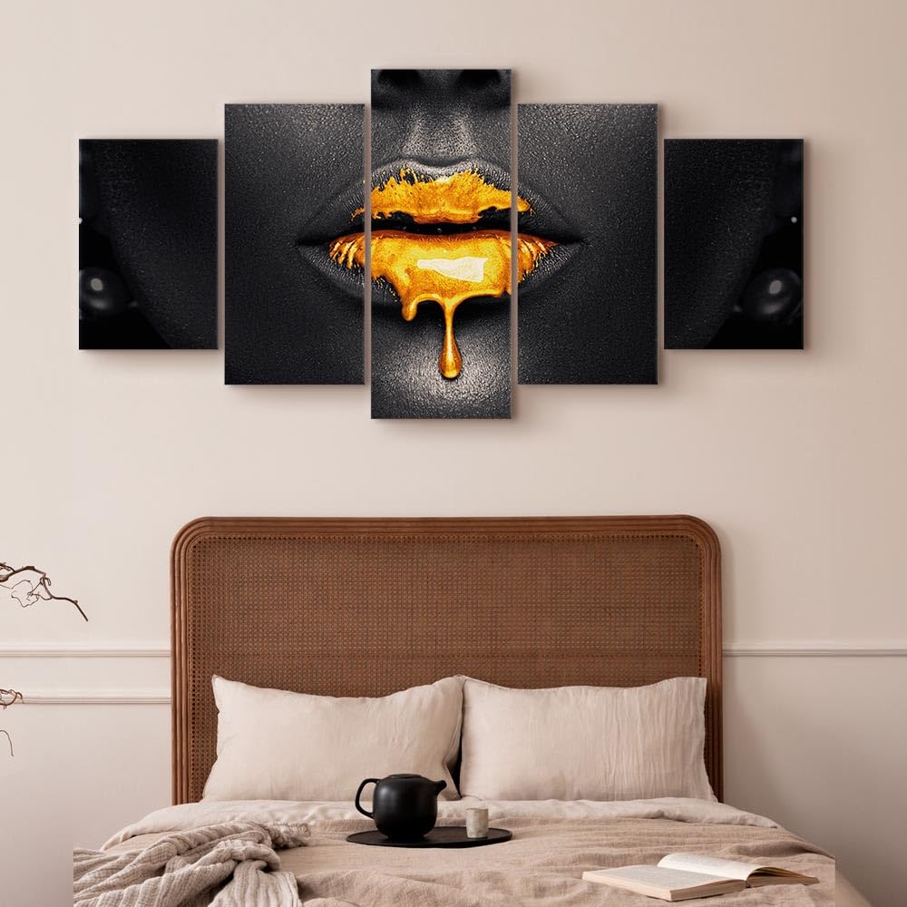 murando Cuadro en Lienzo Abstracto 225x112 cm 5 partes Impresión en Material Tejido no Tejido Impresión Artística Imagen Gráfica Decoracion de Pared Labios Cara Negro h-B-0123-b-m