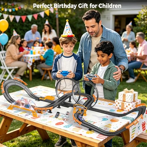 Image of Electric Slot Car Race Track Sets with 4 High-Speed Racing Slot Cars Dual Racing Game with 2 Controllers Circular Overpass Track Featuring Flash Bridge Pendulum Gifts Toys for Boys Kids Age 6 7 8-12