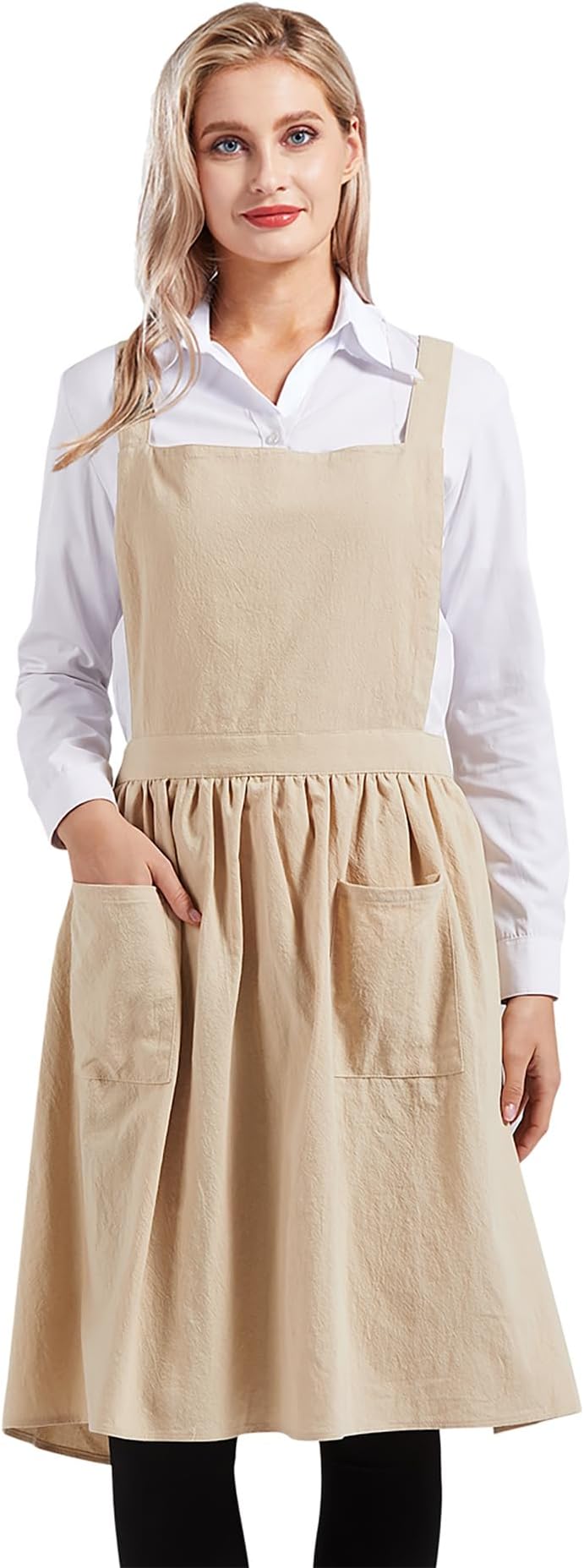 Nanxson Cotton Linen Apron Cross Back Vintage Pinafore Apron for Women with Pockets for Cooking Baking Painting CF3046
