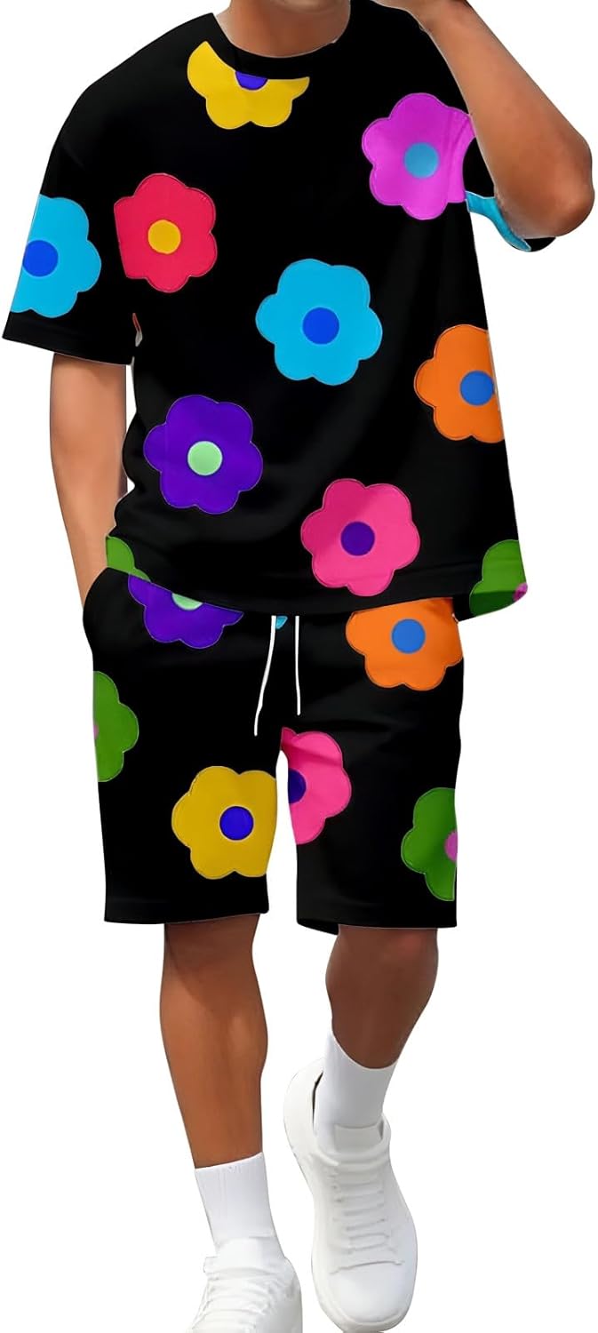 Mens Short Sets 2 Piece Outfits Fashion Summer Tracksuits Casual Crewneck Tee Shirts and Shorts Set for Men with Pockets