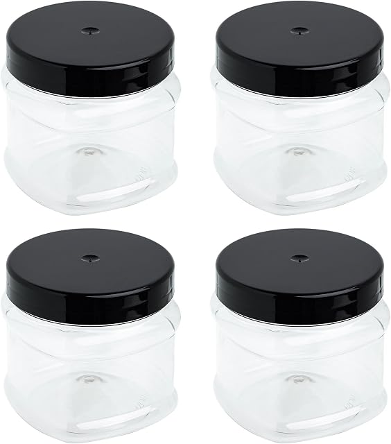 STACKABLES 4 Pack Round Plastic Jam Jars with Lids 750ml  Refillable Mini Clear Storage Containers with Airtight Black Lids for Kitchen use, Preserve Pots, Dry Foods, Sweets, Spices & More.