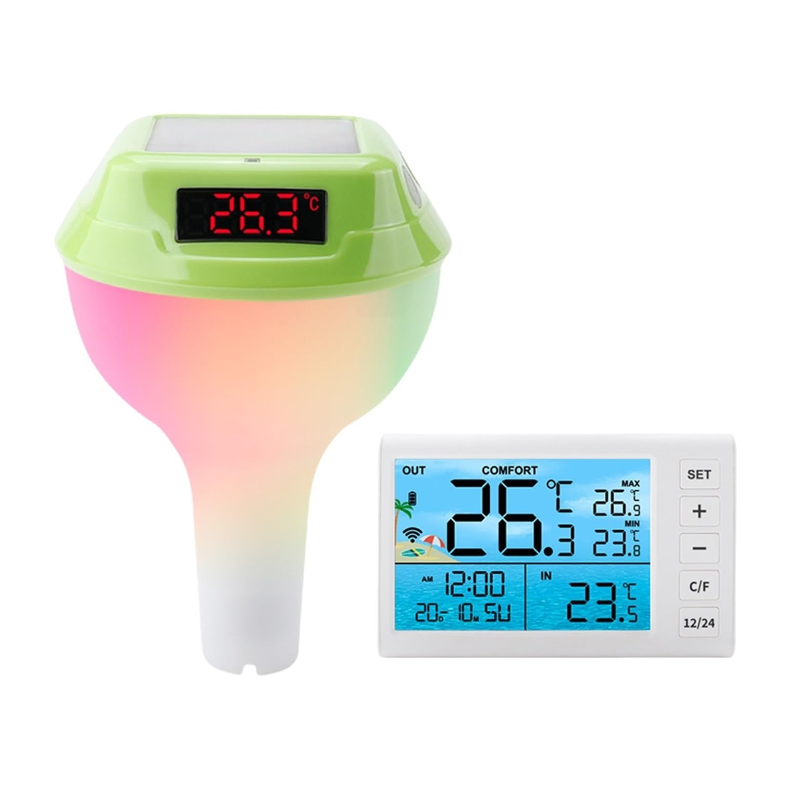 Termometr Do Wody Solarny Cyfrowy Bezprzewodowy Termometr Basenowy Pływający Termometr Do Pomiaru Temperatury Basenu IP68 Wodoodporny Łatwy Do Odczytu Dla Basenów, Stawów,(Green)