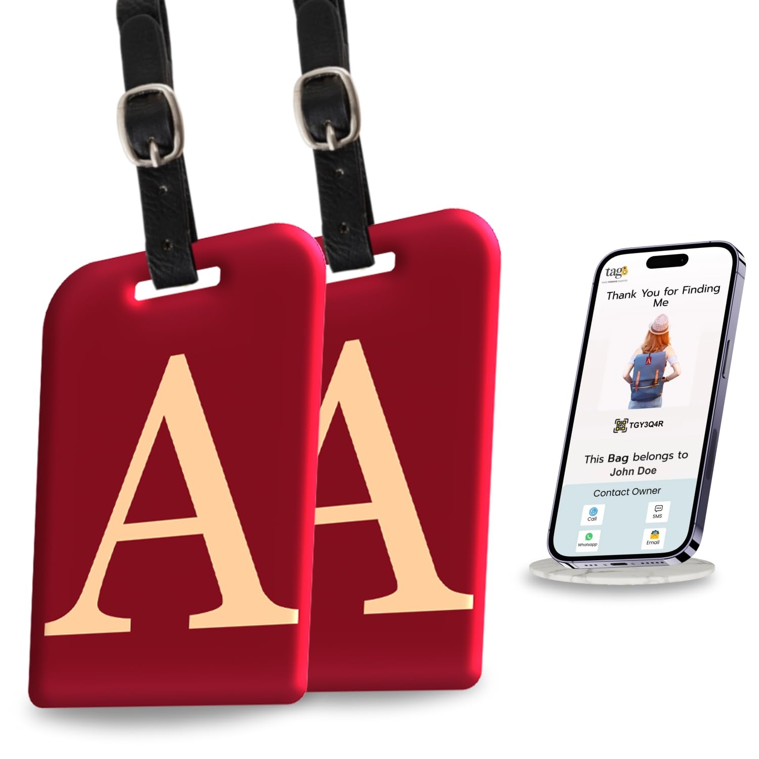 [Pack 2] tag8 Smart Luggage Tag ID with Name Initial A| Bag Tag with Global Loss Recovery Service | Airline Compliant | SITA World Tracer Code Enabled | Smart Alternative to Name Tags | Gift idea-image-2