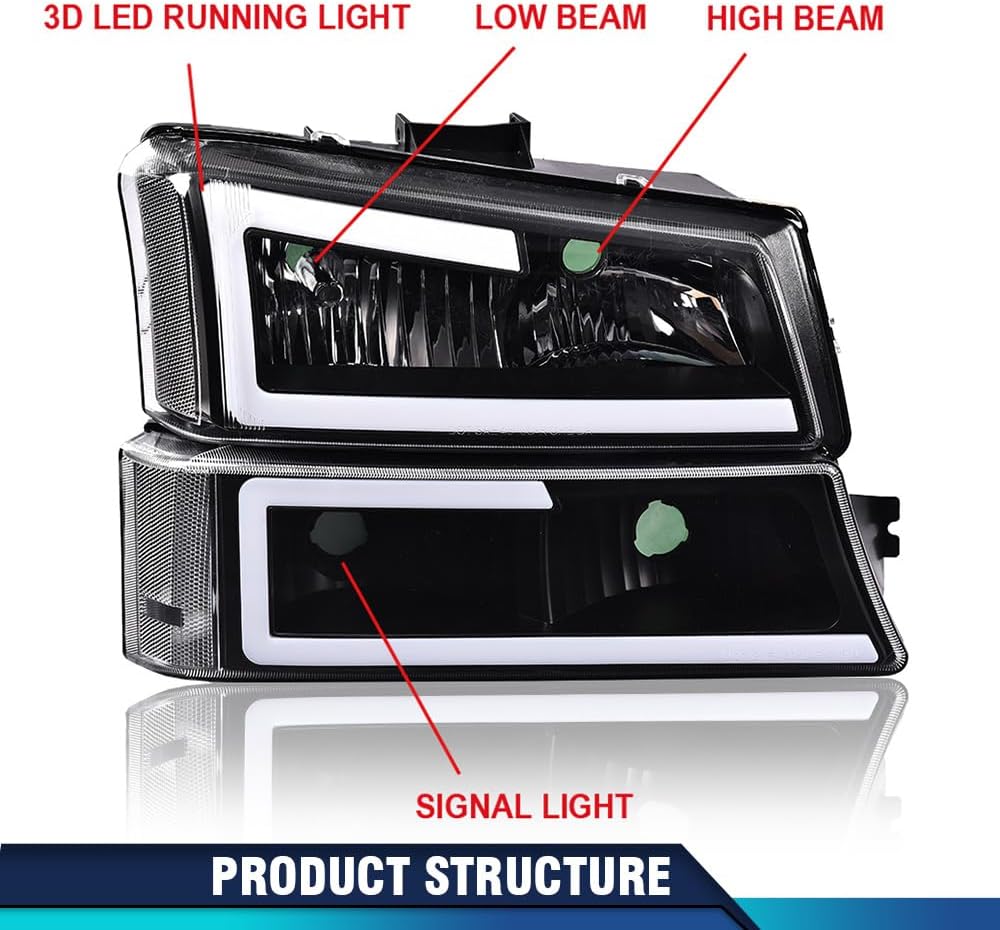 PIT66 LED Headlight Assembly Compatible with 2003-2006 Chevy Silverado Avalanche 1500 2500 3500 HD Model (Fit No Cladding only) Headlamps Clear Lens Black Housing Amber Corner