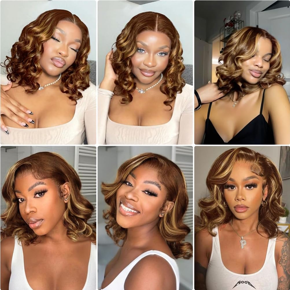 Bob Wig Human Hair 13x6 HD Lace Front Wigs Human Hair 4/27 Honey Blonde Ombre Frontal Wigs 200 Density Body Wave Lace Frontal Wigs Glueless Wigs Human Hair for Women 18 Inch Water Body Wavy Bob Wig