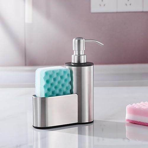 Miniatura 4 de Dispensador de jabón de cocina con soporte para esponja, dispensador de jabón para platos de 12 onzas para encimera de fregadero de cocina, bomba de