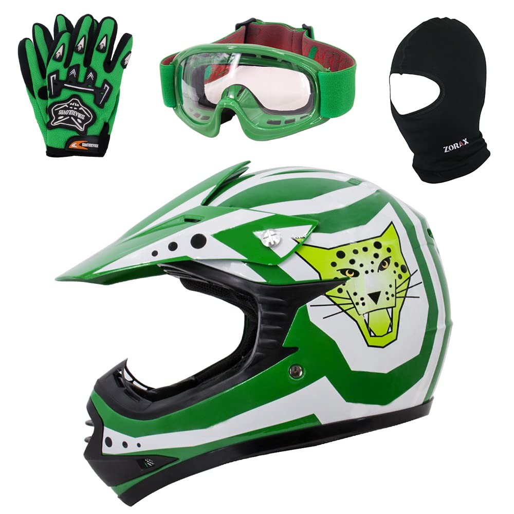 ZoraxGreen L (53-54cm) Children Kids Motorbike Helmet & Gloves L(7cm) & Goggles & Balaclava - Dirt Bike Off Road Motocross Helmet ECE2205