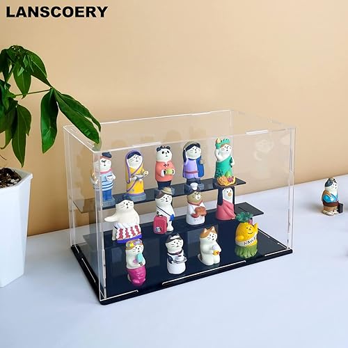 Miniatura 4 de LANSCOERY vitrina de acrílico transparente, soporte de 3 niveles con base negra, escaparate de protección a prueba de polvo para figuras