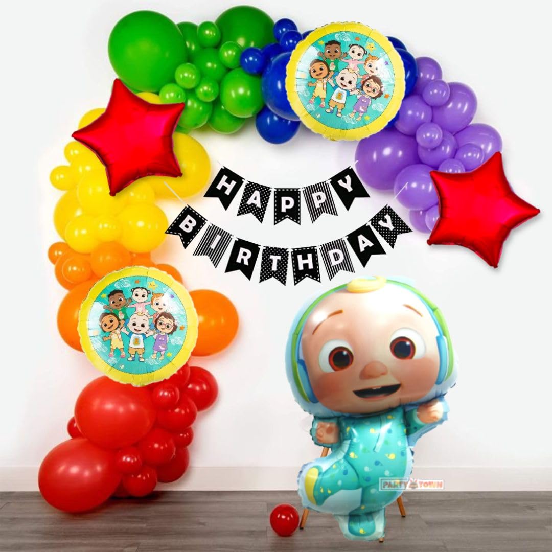 Party town® Coco Baby theme decoration combo for boys and girls theme birthday party with Metallic balloons | foil balloons | Heart foil | Balloon arc | Glue dots (Cocomenon)
