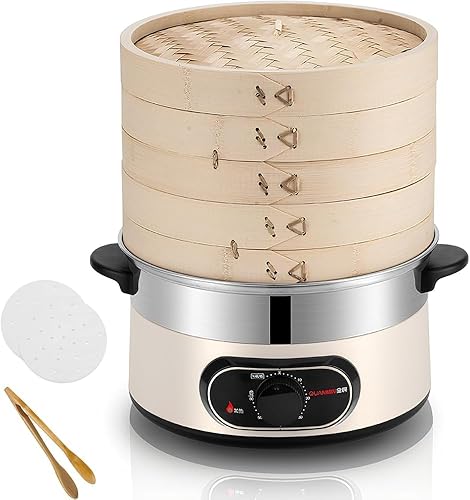 Electric Food Steamer for Cooking Vegetable Steamer with 2-Tier Bamboo Steamer with 60 Min Timer Auto Shut-Off & Boil Dry Protection 1500W
