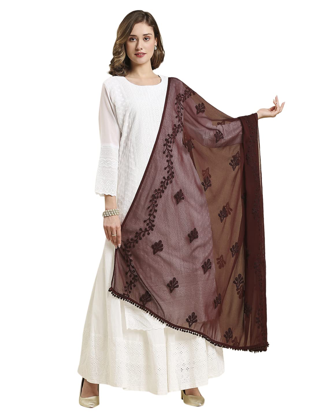 dupatta bazaar Women's Embroidered Light Brown Chiffon Dupatta with Pom Pom lace-picture-15