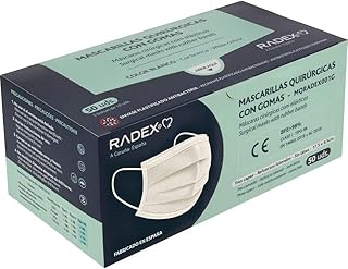 RADEX 85005070. Caja de 50 Mascarillas Quirúrgicas Tipo IIR con Gomas, Blanco, Fabricado en España, Tres Capas, Material Hipo Alergénicos, Resistente a Salpicaduras