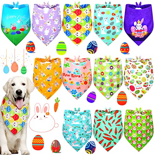 Weewooday 12 Pieces Easter Dog Bandanas Colorful Bunny Triangle Dog Scarf Adorable Easter Egg Bunny Dog Bibs Washable Dog Kerchief Set for Small Medium Large Size Pets