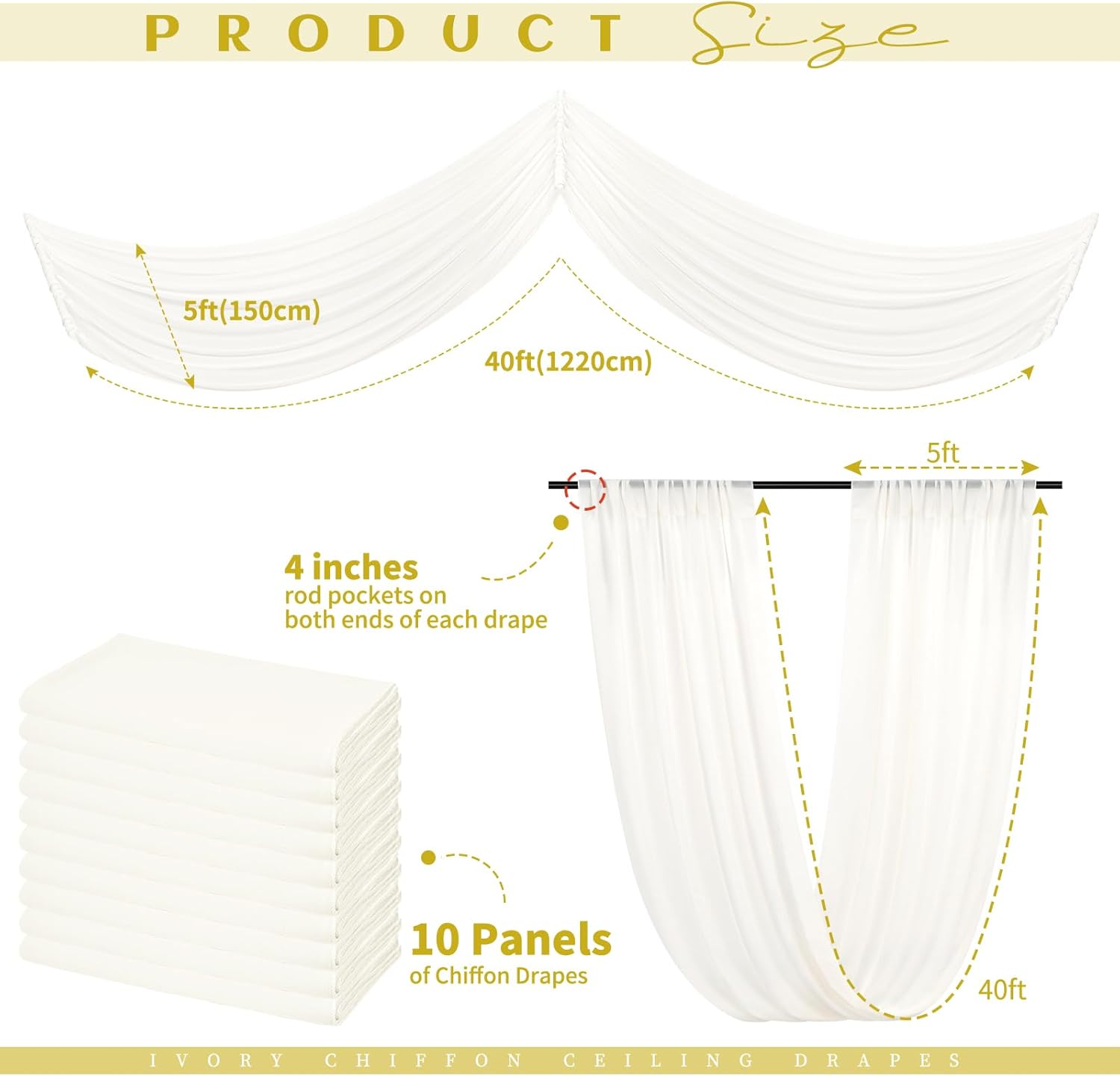 10 Panels Ivory Ceiling Drapes for Wedding Ceiling Drapes 5ftx40ft Wedding Arch Draping Fabric Sheer Curtains Chiffon Drapery Draping Wedding Ceiling Decorations for Party Ceremony Stage Swag