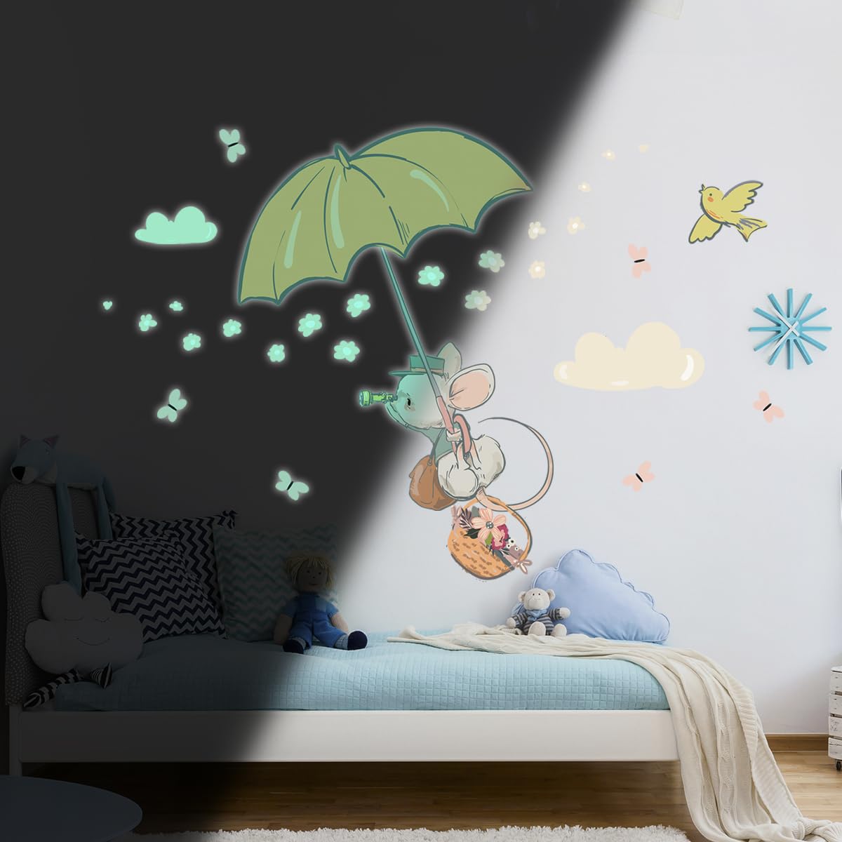 Ambiance Sticker Leuchtender Wandaufkleber für Kinder, fluoreszierend, Maus im Regenschirm, 80 x 50 cm